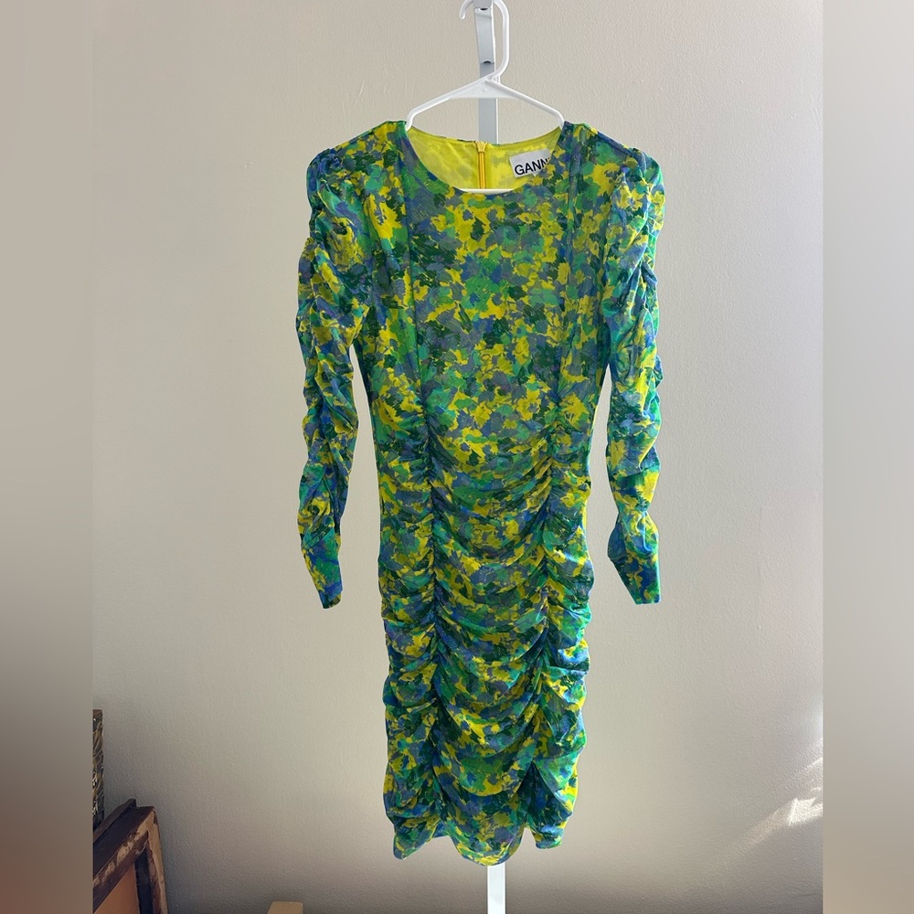 Ganni Vibrant Floral Long Sleeve Dress - Green and Yellow